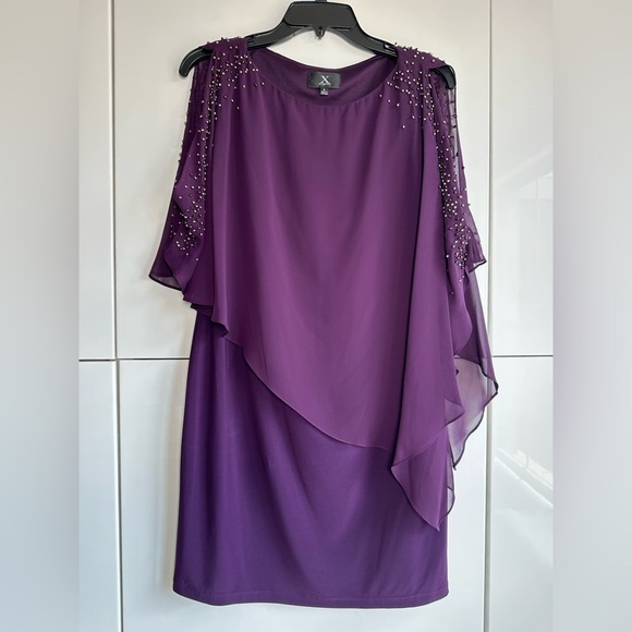 Xscape Dresses & Skirts - X by Xscape Purple Formal Gown Gold Beading Size 6 Sheer Cape Poncho